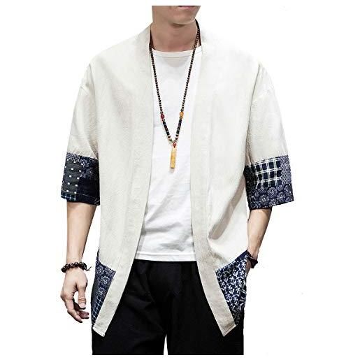PRIJOUHE kimono giacche cardigan leggero casual cotone misto lino sette maniche aperto anteriore cappotto outwear - - medium