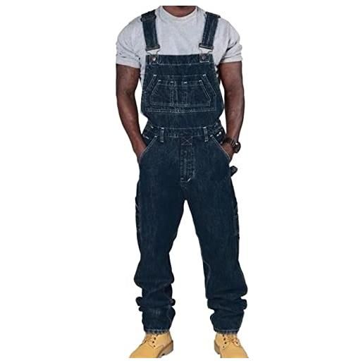 ORANDESIGNE salopette da uomo con jeans, tuta di jeans strappati moda lavaggio rotto tasca pantaloni reggicalze pantaloni casual da elasticizzato b blu scuro xl