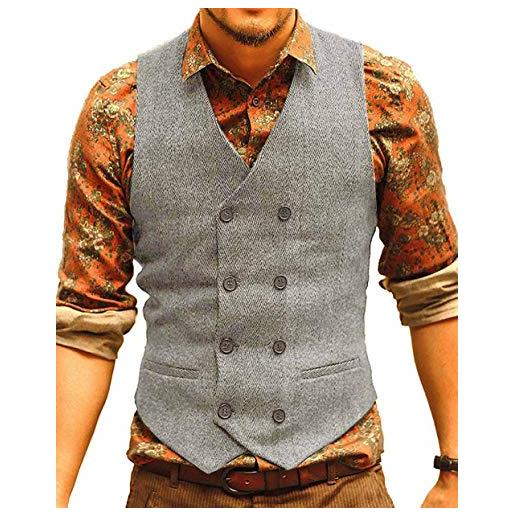 Solove-Suit gilet da uomo classico in tweed gilet a spina di pesce slim fit doppiopetto per groomsmen matrimonio(grigio argento, xl)