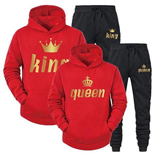 Minetom tuta sportiva king queen stampa manica lunga felpa con cappuccio e pantaloni 2 pezzi uomo donna set da jogging nero king m