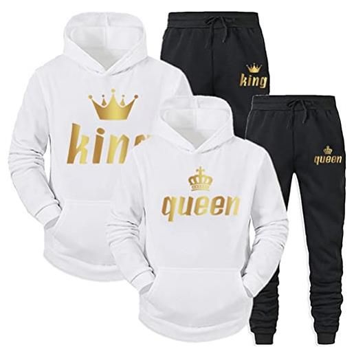 Minetom tuta sportiva king queen stampa manica lunga felpa con cappuccio e pantaloni 2 pezzi uomo donna set da jogging bianco queen xl