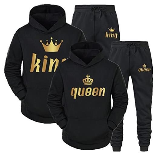 Minetom tuta sportiva king queen stampa manica lunga felpa con cappuccio e pantaloni 2 pezzi uomo donna set da jogging giallo king xl