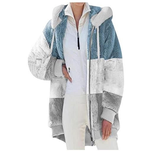 OMZIN inverno plus size semplice cardigan colore blocco caldo giacca con cappuccio tasche zip giacca basic bianco blu m