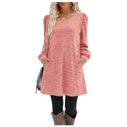 ORANDESIGNE vestito donna invernale elegante abito midi maniche lunghe curvy casual felpa maglione vestitini inverno dress sweater tunica vestiti con botton abiti al ginocchio a rosa l