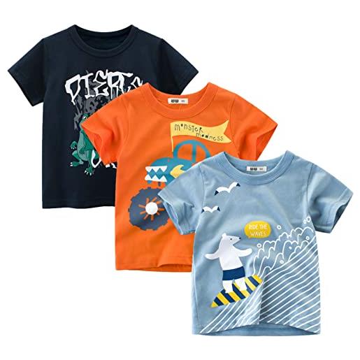 amropi bambino ragazzi maglietta 3 pack stampa dinosauro manica corta casuale estate t-shirt nero arancio blu, 1-2 anni