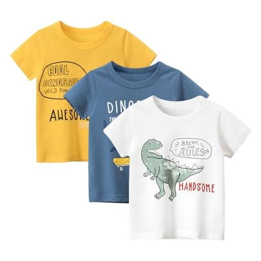amropi bambino ragazzi maglietta 3 pack stampa dinosauro manica corta casuale estate t-shirt blu grigio giallo, 2-3 anni