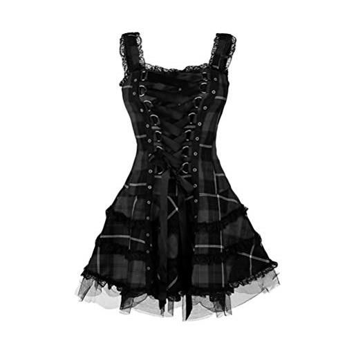 Minetom vestito donna punk vestito senza maniche gotico abito a quadri medievale vestiti da sera abiti halloween pizzo vestito a nero s