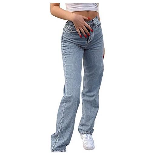 Minetom donna jeans sciolto casual vita alta pantaloni a gamba larga straight denim larga pants con tasche g blu xxl