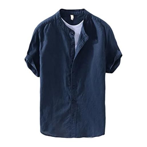 Onsoyours uomo camicia in lino manica lunga henley shirt con bottoni casual tinta unita maglietta t-shirt per interni spiaggia a blu 3xl