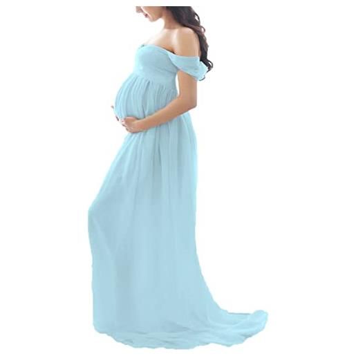 Daysskk abito di maternità per servizio fotografico abito in chiffon off spalla gravidanza photoshoot dress flowy, azzurro, s