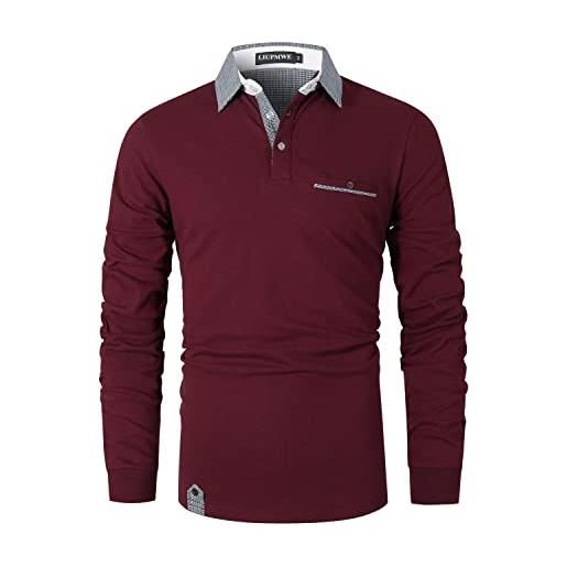LIUPMWE polo uomo moda cotton manica lunga maglietta casual colletto a quadri inverno poloshirt golf t-shirt, rosso-01,3xl