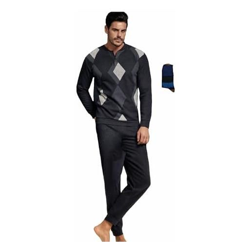 Enrico Coveri pigiama uomo invernale + calza coveri omaggio pigiama uomo in caldo jacquard pigiama uomo felpato caldo confortevole (l, 2107 grigio)