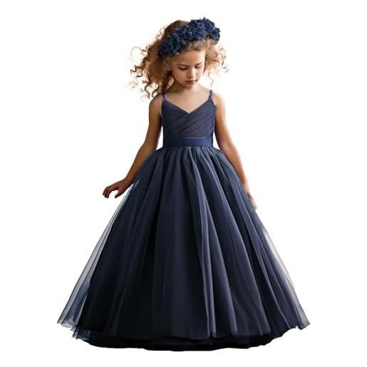 NNJXD ragazza di fiori nozze festa spettacolo abito tulle formale lungo principessa vestire taglia (140) 8-9 anni 785 blu navy-a