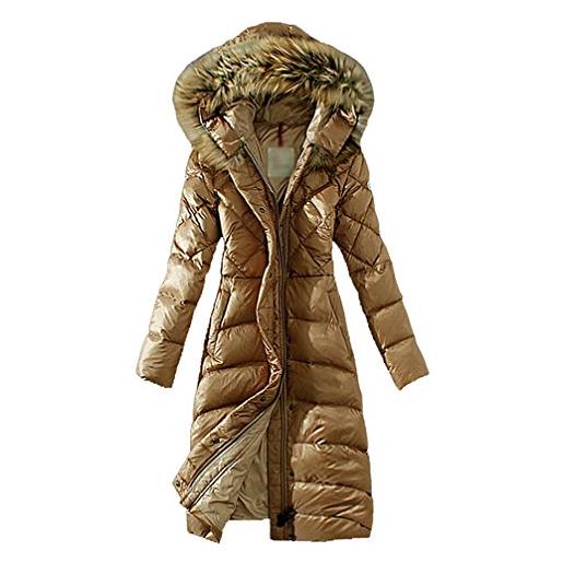 LvRao donna piumini lunghi leggeri cappotti invernali con cappuccio piumino invernale pelliccia ecologica (#1 cachi, asia 2xl)