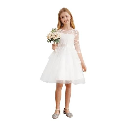 iEFiEL vestito da cerimonia bambina principessa abito da sera compleanno damigella sposa matrimonio elegante senza maniche abito lungo con fiore floreale 2-16 anni bianco 12 anni