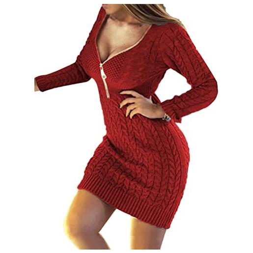 shownicer abito maglioni da donna a maniche lunghe scollo a v tinta unita abito con zip eleganti slim aderente abito caldo di moda vestito per autunno inverno a rosa m