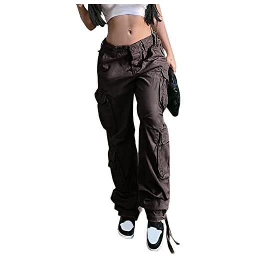 Tomwell donna casual pantaloni cargo donna vita alta trousers con multi tasche pantalone da lavoro moda y2k streetwear baggy hip hop per joggers sportivo yoga a marrone m