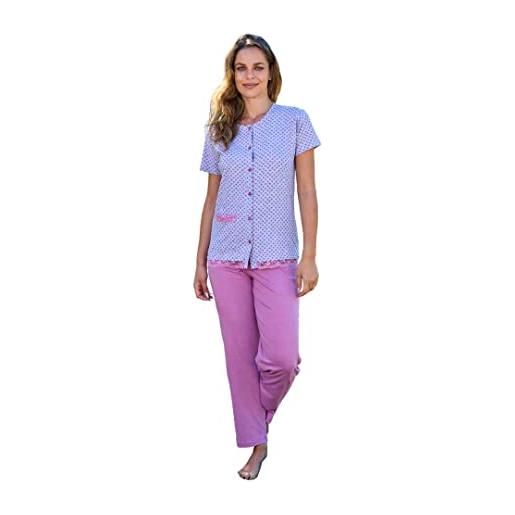 Leo Corsetteria pigiama donna aperto bottoni tasca cotone mezza manica pantalone lungo l grigio rosa
