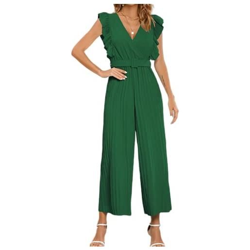 XinCDD donna elegante tuta a scollo a v vita alta pantaloni larghi plissettato jumpsuit monopezzi tutine con cintura (xl, verde)