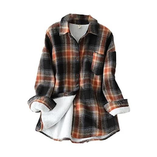 Minetom camicia da donna casual maniche lunghe plaid flanella a quadri fodera calda giacca cappotto invernale a caffè l