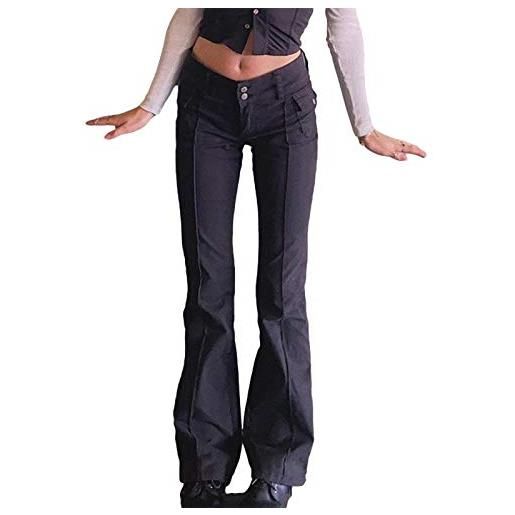 Geagodelia pantaloni lunghi donna elegante vita alta invernale in denim tasche laterali jeans nero tinta unita pantaloni a zampa elegante casual (nero, m)