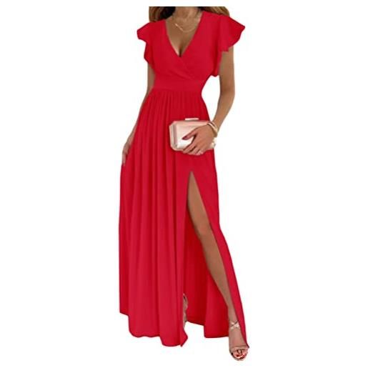 Tomwell donna vestito lungo con spacco laterale vestiti tinta unita manica lunga scollo a v profondo maxi da sera banchetto abito cocktail vestito lungo a rosso xl