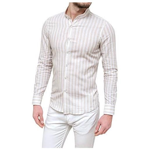 Evoga camicia 100% lino uomo casual rigata slim fit coreana (xxxl, beige)