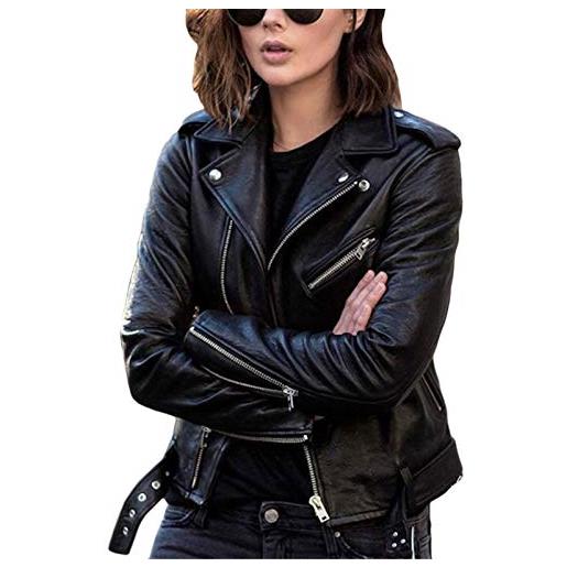 ORANDESIGNE giacca corta da donna in pelle pu giacca manica lunga zip moto giubbotto cappotti casual biker giacca jacket outwear nero xxl