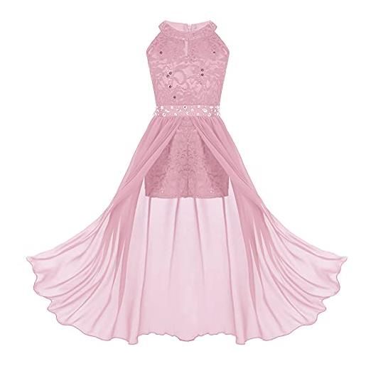 YiZYiF vestito da bambina con pizzo da principessa per feste matrimoni damigelle d'onore abito da cocktail elegante lungo abito da sera per comunicazione 4-14 anni rosa a 10 anni