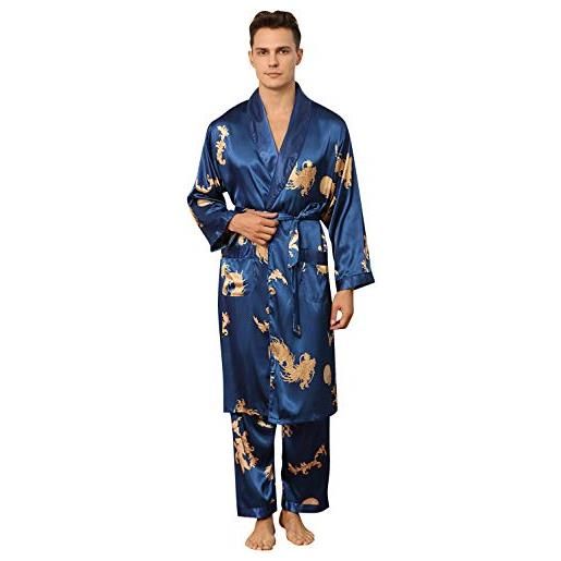 YAOMEI accappatoio vestaglie e kimonoper uomo, 2-in-1 pantaloni vestaglia da notte kimono raso pigiama sleepwear, lusso robe accappatoio camicia da notte da uomo (2xl, rosso)