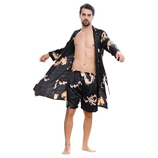 YAOMEI accappatoio vestaglie e kimonoper uomo, 2-in-1 pantaloni vestaglia da notte kimono raso pigiama sleepwear, lusso robe accappatoio camicia da notte da uomo (xl, blu)