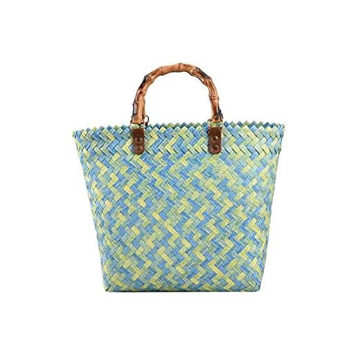 UOXOO borsa da spiaggia da donna con manico in bambù e paglia a contrasto a righe colorate, borsa estiva di grande capacità