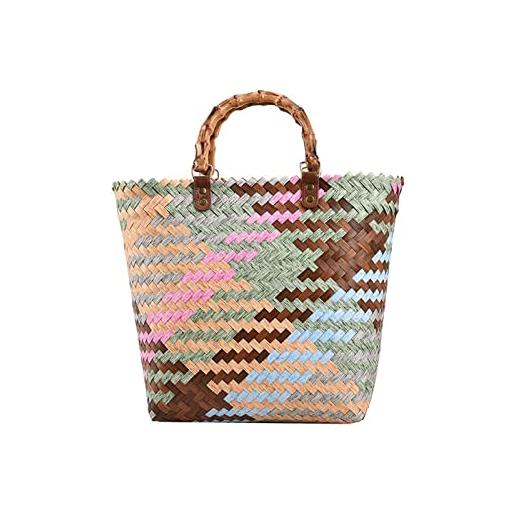 UOXOO borsa da spiaggia da donna con manico in bambù e paglia a contrasto a righe colorate, borsa estiva di grande capacità