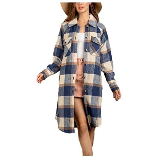 Suncolour cappotto lungo da donna con risvolto scozzese, giacca casual da donna in misto lana scozzese