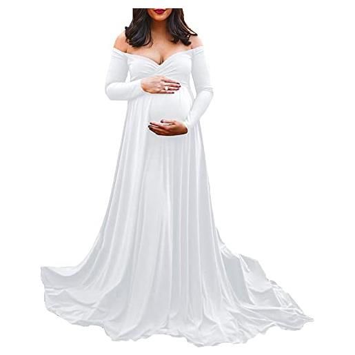 YAOTT abito donna premaman con spalle scoperte abito gravidanza manica lunga con scollo a v abito per foto in gravidanza abito da festa per baby shower, bianco, l