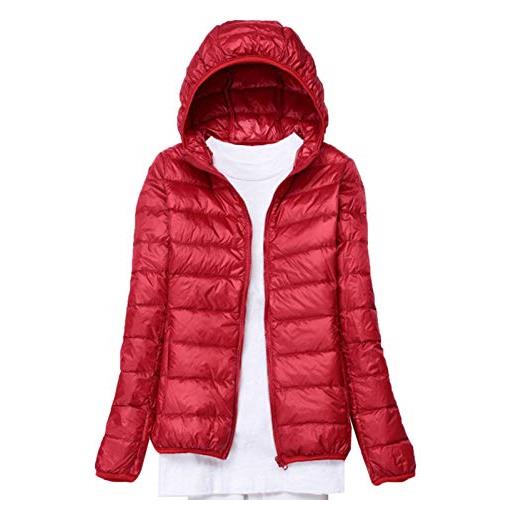 Elonglin piumino da donna, ultra leggero, trapuntato, con cappuccio, piumino d'anatra, giacca corta invernale rosa large