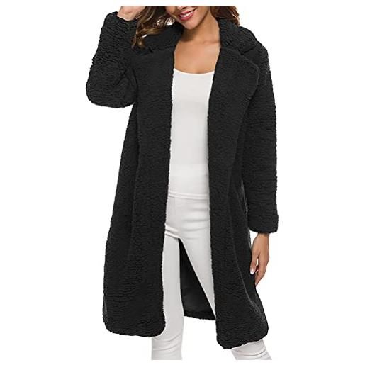ORANDESIGNE cappotto pile donna lungo invernale elegante teddy coat peluche giacca tinta unita manica lunga revers caldo peloso giacche cappotti outerwear a nero xs