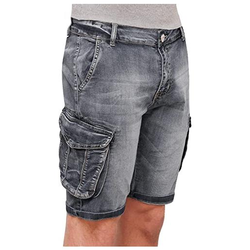 Evoga jeans pantaloni corti uomo cargo blu grigio denim shorts bermuda con tasconi laterali (48, blu)