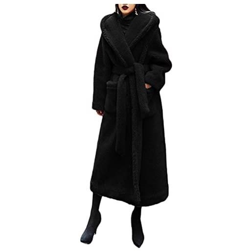 ORANDESIGNE cappotto pelliccia sintetica donna elegante lungo giacca invernale caldo giacche con cappuccio capispalla casual cardigan con cintura blu xxl