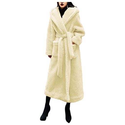 ORANDESIGNE cappotto pelliccia sintetica donna elegante lungo giacca invernale caldo giacche con cappuccio capispalla casual cardigan con cintura marrone xxl
