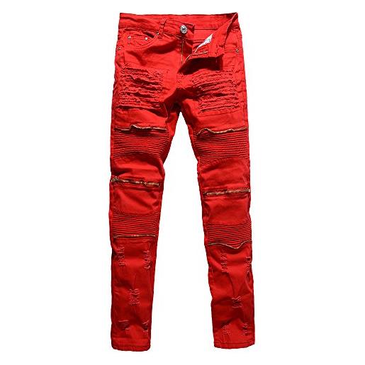 ZhuiKun biker jeans uomo slim fit zipper strappati denim pantaloni rosso 30