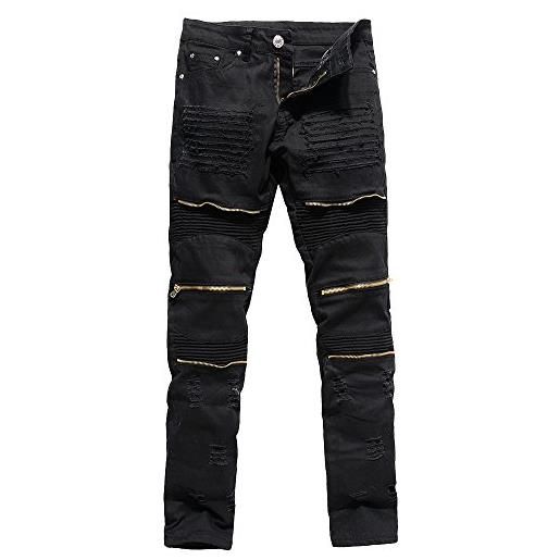 ZhuiKun biker jeans uomo slim fit zipper strappati denim pantaloni rosso 30
