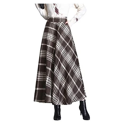 BiilyLi gonne lunga lana invernale donna gonna pieghe elegante scozzese caldo vita elastica vintage vita alta svasata gonne 3-l