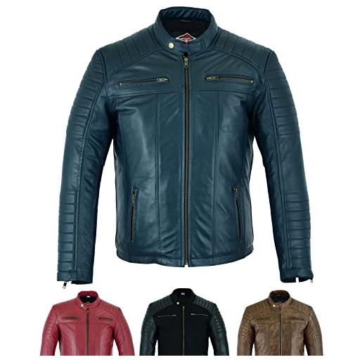 Texpeed giacca di pelle casual da uomo - estate/invernale soft touch autentica vintage pelle di montone biker in vera pelle stile motociclista - blu - xxl