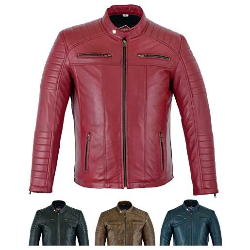 Texpeed giacca di pelle casual da uomo - estate/invernale soft touch autentica vintage pelle di montone biker in vera pelle stile motociclista - rosso - l