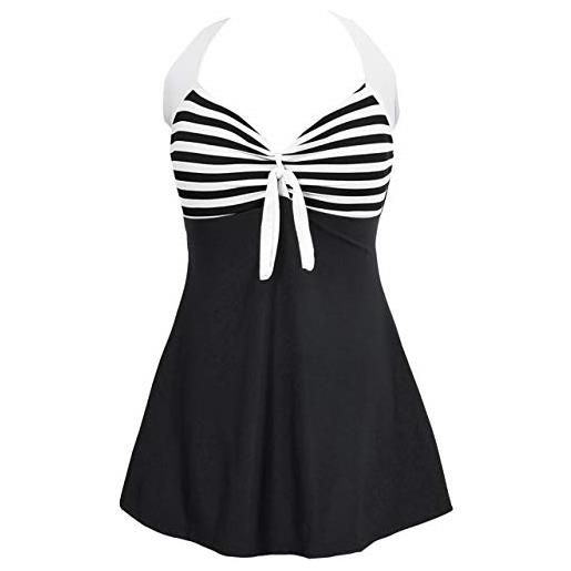 Ocean Plus donna costume intero costumi da bagno vintage a costine con scollo a barchetta e gonna a pois (m (eu 34-36), strisce bianche e nere)