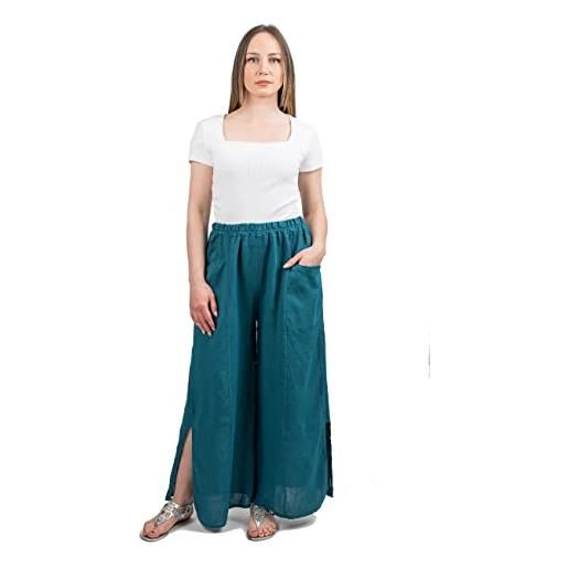 DALLE PIANE CASHMERE - pantaloni con spacco 100% lino - made in italy - donna, colore: blu, taglia unica