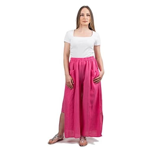 DALLE PIANE CASHMERE - pantaloni con spacco 100% lino - made in italy - donna, colore: fuxia, taglia unica