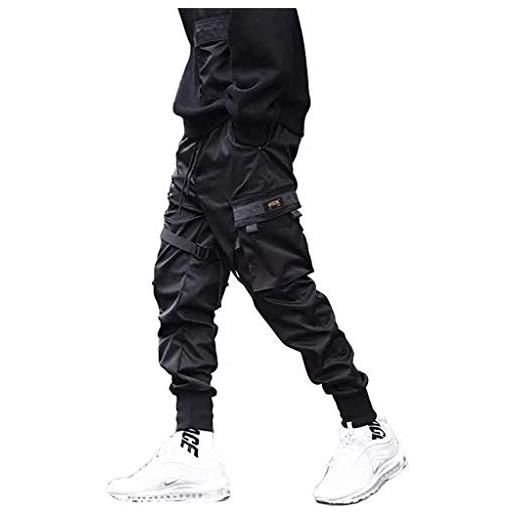 Angel ZYJ pantaloni da uomo casual street con tasconi laterali cintura elastica multi-tasca hip hop sportivo pants pantaloni da jogging adolescenti giovani neri s-3xl (xxl)