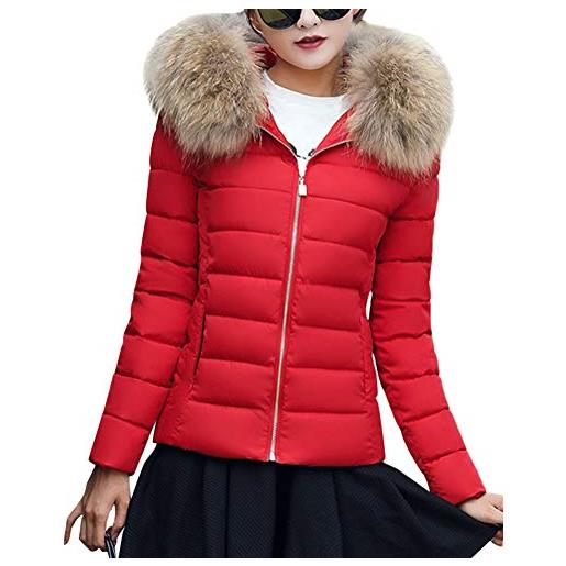 ORANDESIGNE donna elegante giacca invernale corta trapuntata da donna piumino giacca con cappuccio di pelliccia calda cappotti moda casual slim fit rosso it 40